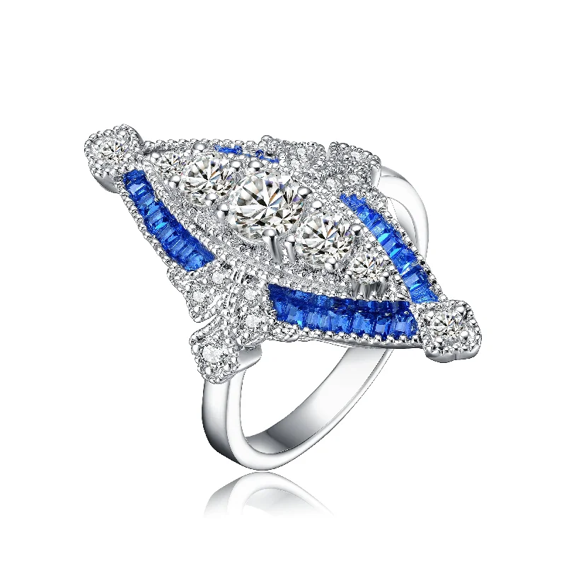 three-stone rings for women -Sterling Silver Sapphire Cubic Zirconia Modern Ring