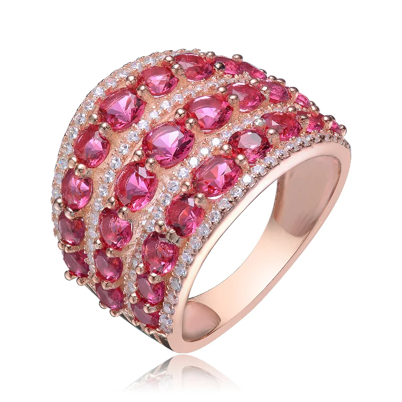 textured gold rings for women -Red Round Shaped Cubic Zirconia Stone 18K Rose Gold Plated Sterling Silver Ring