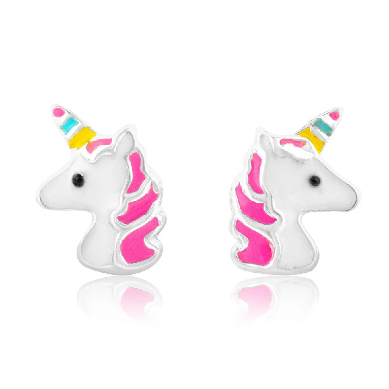 cluster earrings for women -Sterling Silver Unicorn Stud Earrings