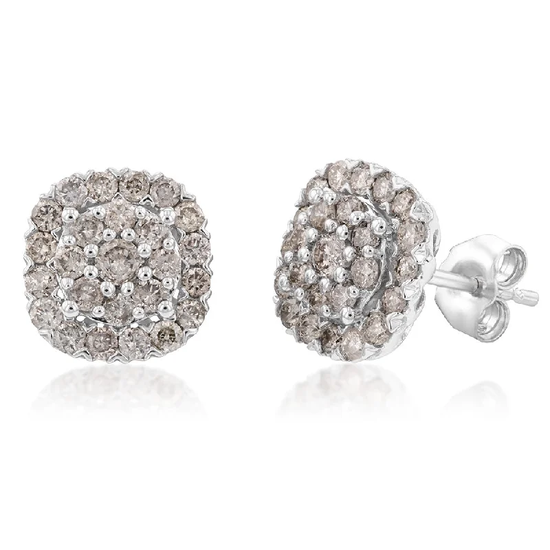 clip-on earrings for women -9ct White Gold 1 Carat Diamond Cluster Stud Earrings with 50 Brilliant Cut Diamonds