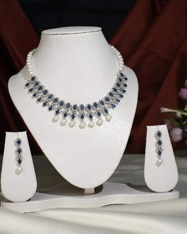 feather necklaces for women -Gorgeous Blue CZ Pearl Necklace Set