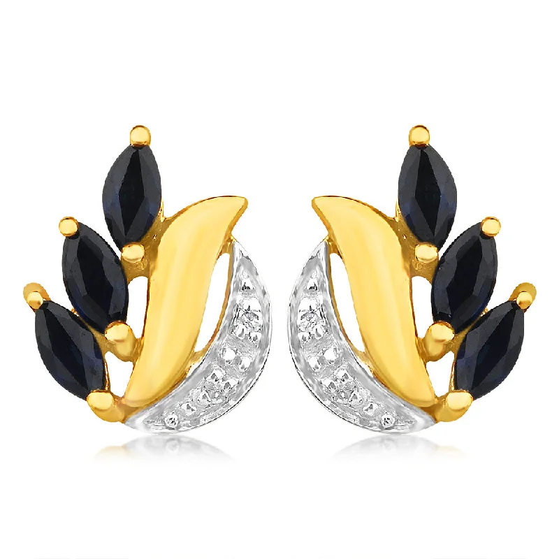 lightweight gold earrings for women -Natural Marquise Cut Dark Sapphire 0.13ct Diamond Stud Earrings in 9ct Yellow Gold