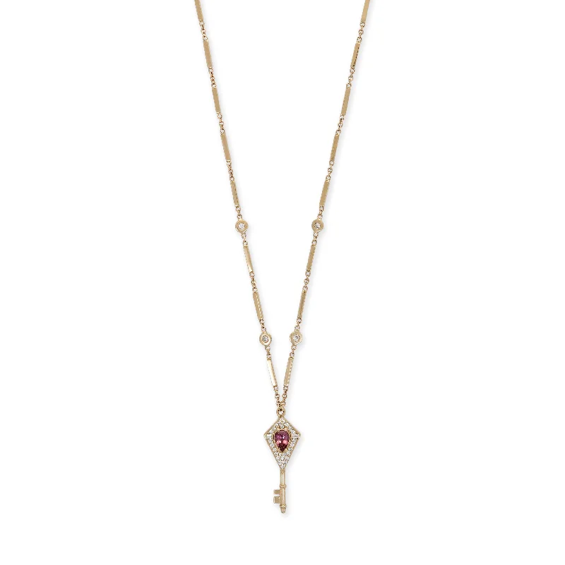 dainty gold necklaces for women -PAVE + BAGUETTE DIAMOND GEMSTONE KEY SMOOTH BAR NECKLACE