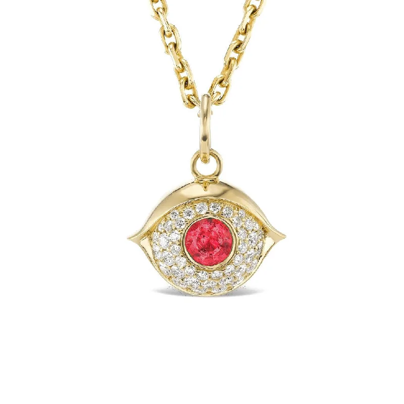 platinum diamond necklaces for women -SMALL GOLD AND DIAMOND EVIL EYE PENDANT WITH RUBY