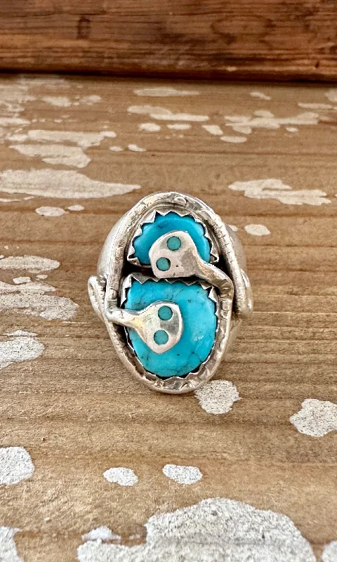 personalized birthstone rings for women -EFFIE CALAVASA Turquoise Ring w/ Sterling Silver Snake Inlay • Size 11