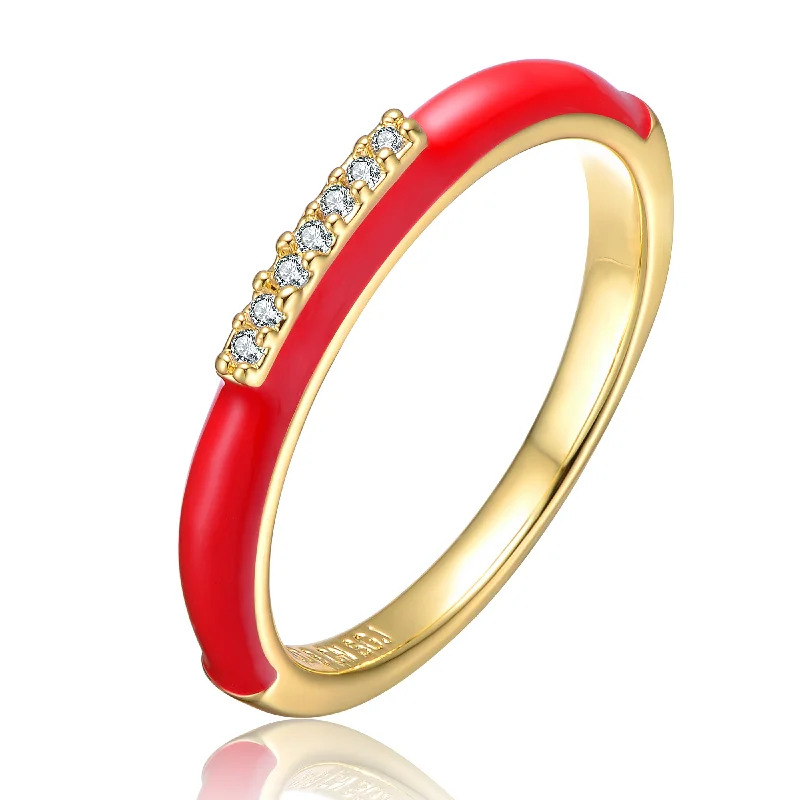 adjustable gemstone rings for women -Sterling Silver 14k Yellow Gold Plated with Cubic Zirconia Red Enamel Slim Stacking Band Ring