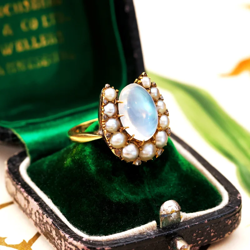 zodiac rings for women -Dreamy Antique Moonstone & Pearl Horseshoe Ring