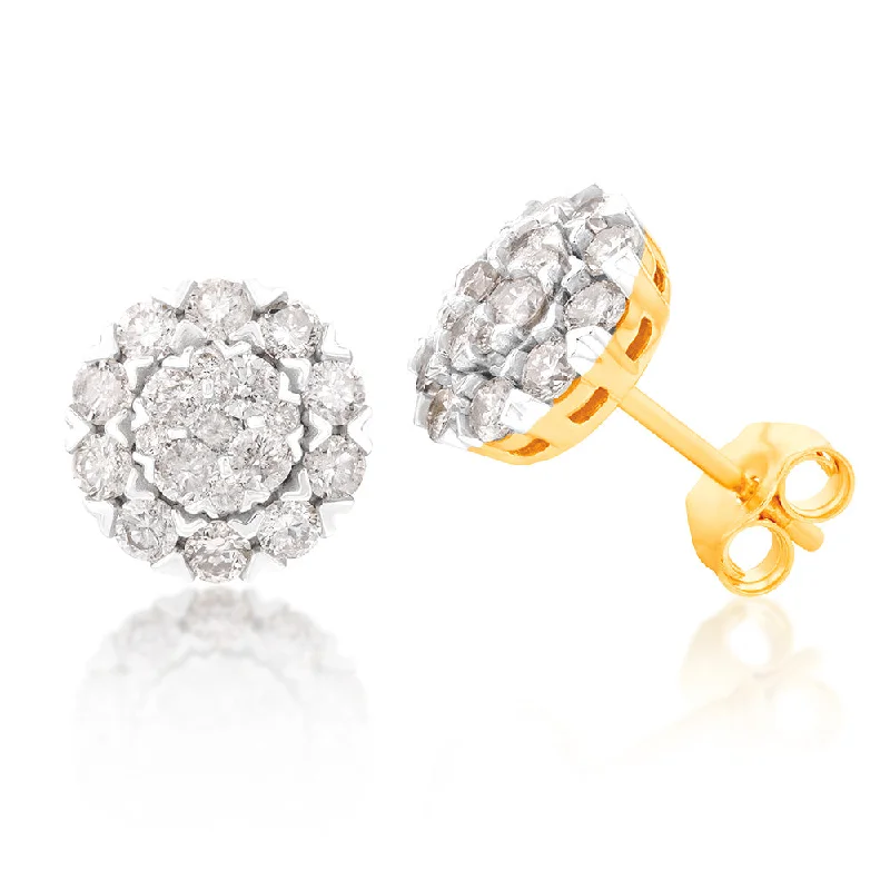 wedding earrings for women -9ct Yellow Gold 1 Carat Diamond Stud Earrings  with 38 Diamonds