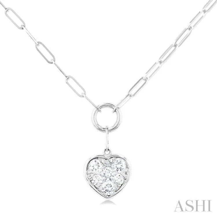 feather necklaces for women -1/4 ctw Lovebright Heart Shape Round Cut Diamond Paper Clip Necklace in 14K White Gold