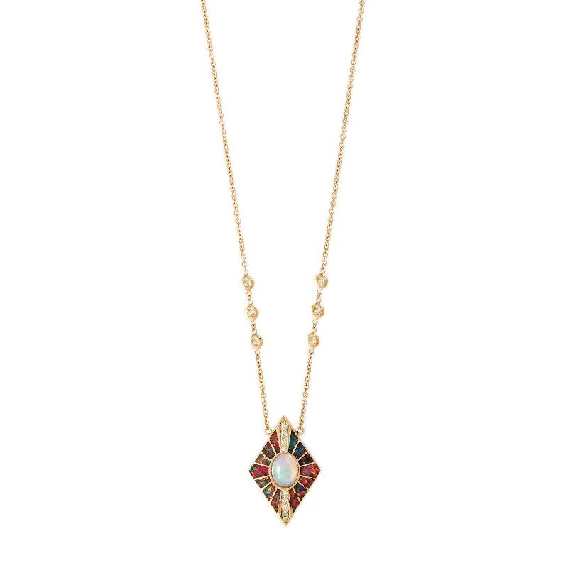 layered pearl necklaces for women -PAVE OPAL + RED ORANGE OPAL INLAY KITE NECKLACE