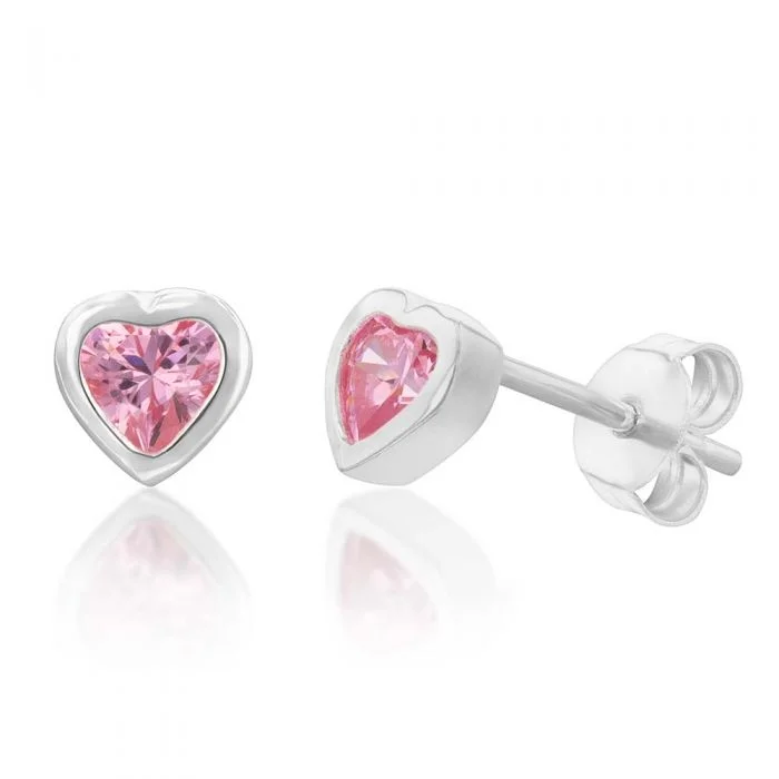 cubic zirconia hoop earrings for women -Sterling Silver Pink Cubic Zirconia Heart Stud Earrings