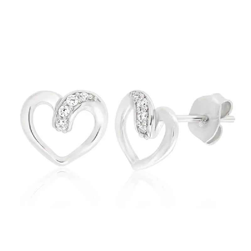 gold hoop earrings for women -Sterling Silver Rhodium Plated Cubic Zirconia Open Heart Stud Earrings