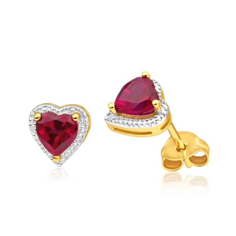 luxury earrings for women -9ct Radiant Yellow Gold Created Ruby + Diamond Stud Earrings