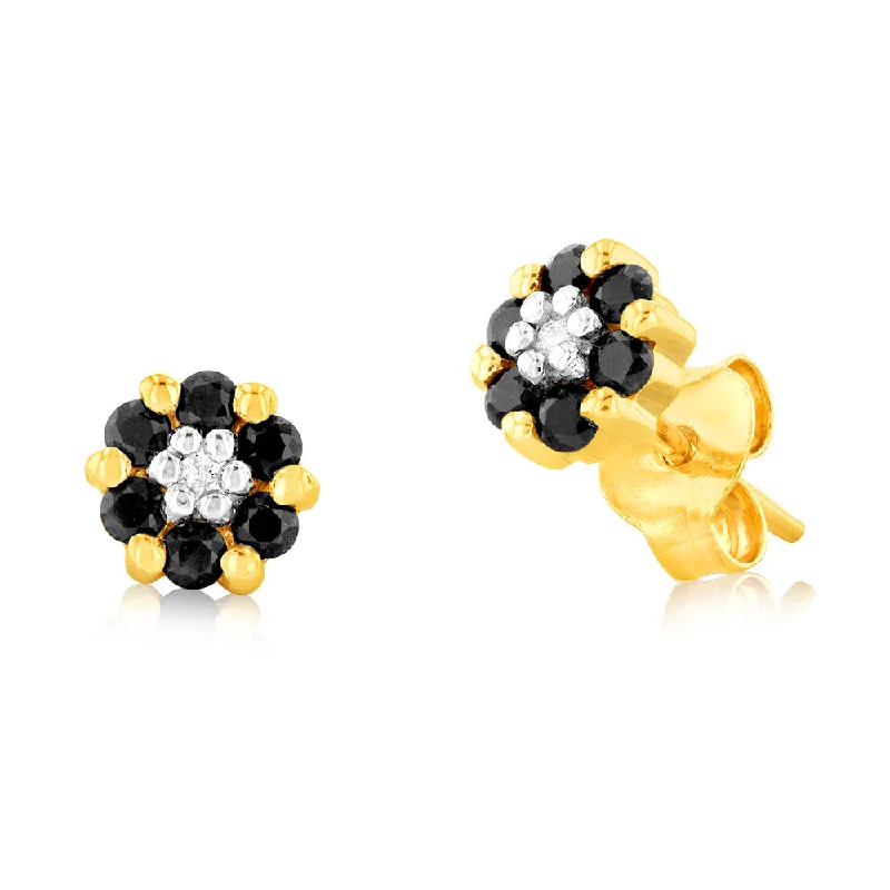 small hoop earrings for women -Natural Dark Round Sapphire 1.6mm & Small Diamond Flower Stud Earrings in 9ct Yellow Gold