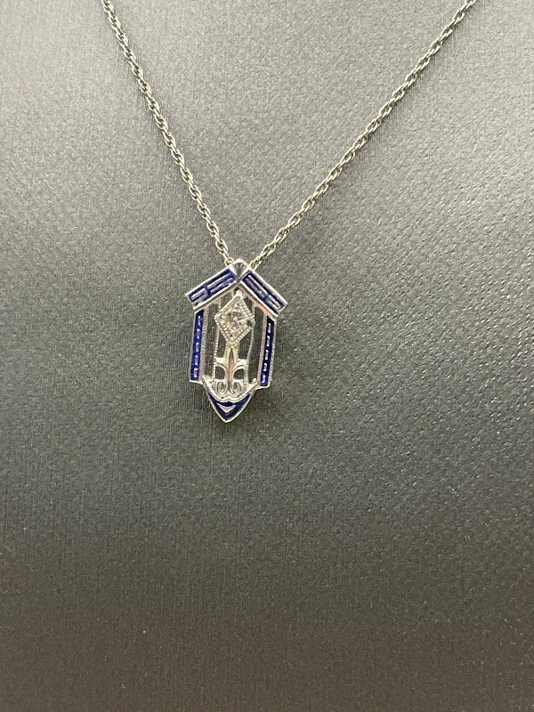 two-tone necklaces for women -Antique Ladies 14 Karat White Gold Diamond Cathedral Blue Enamel Pendant