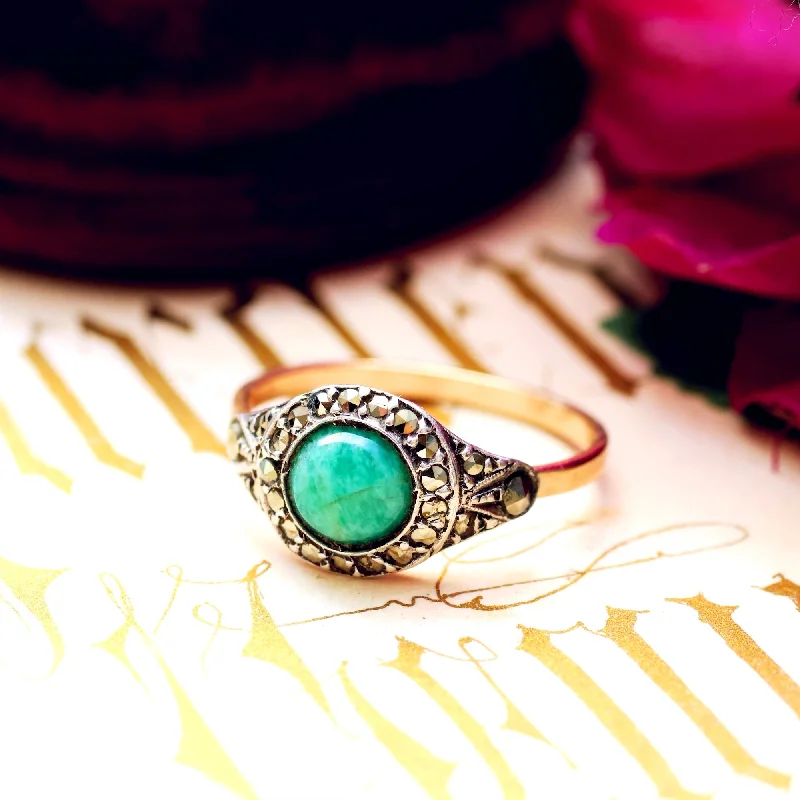 moonstone rings for women -Vintage Art Deco Aventurine & Marcasite Ring