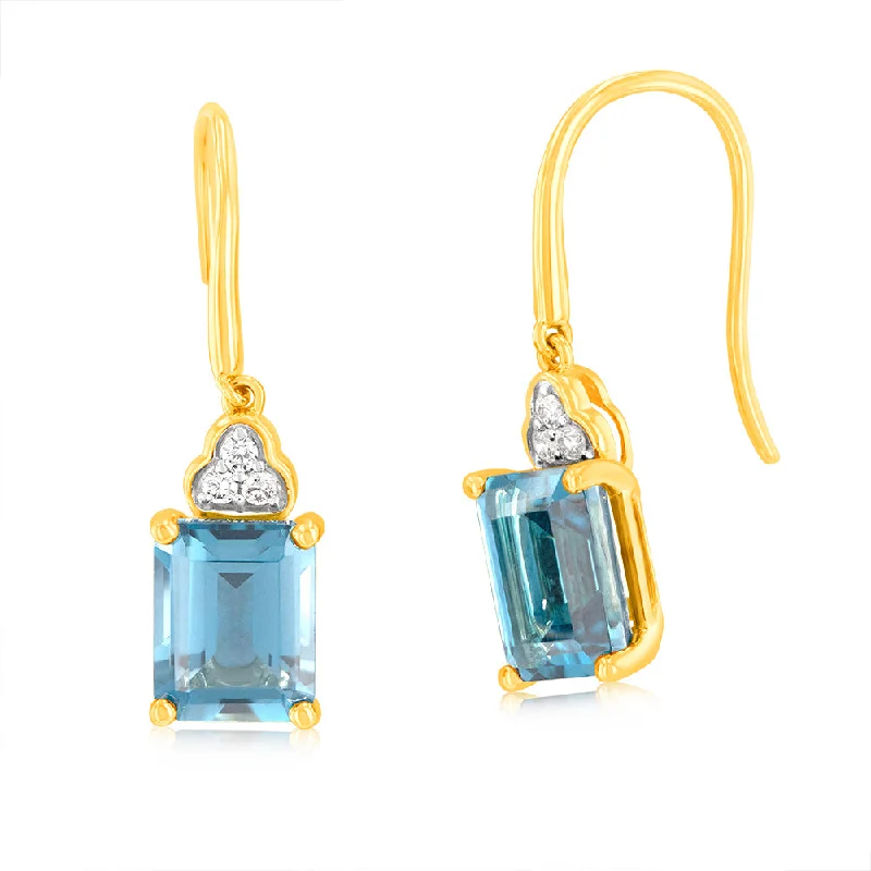 teardrop earrings for women -9ct Yellow White Gold 5.6ct London Blue Topaz Emerald Cut with 1/10 Carat Diamond Drop Earrings