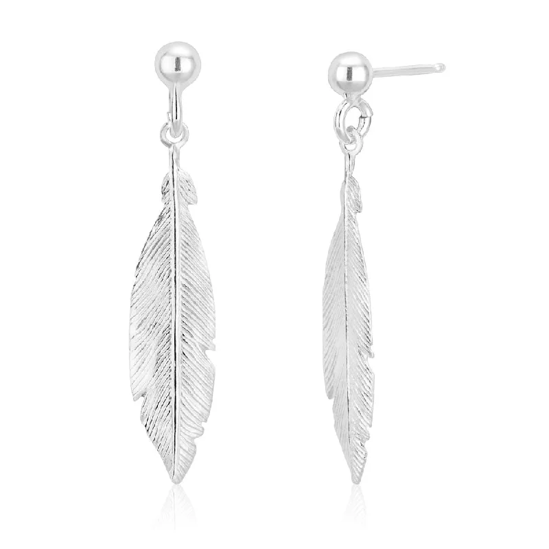 bar earrings for women -Sterling Silver Feather Drop Stud Earrings