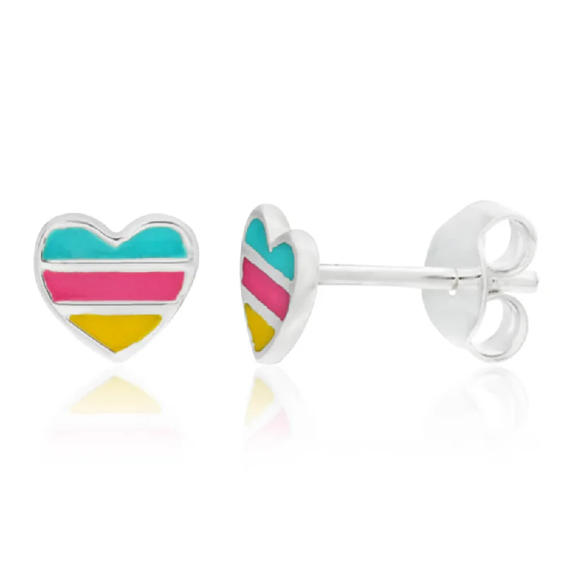 gold-plated earrings for women -Sterling Silver Multi Colour Enamel Heart Stud Earrings