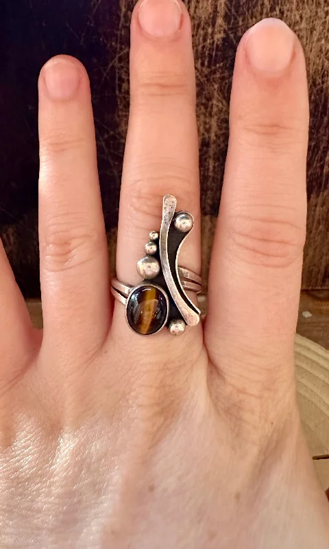 handmade rings for women -ART DECO TIGERS Eye Sterling Silver Ring • Size 6 1/4