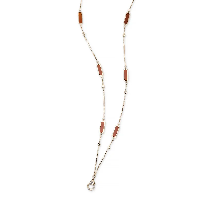 coral necklaces for women -PAVE CHARM CLIP 6 RED AGATE INLAY DIAMOND SMOOTH BAR NECKLACE