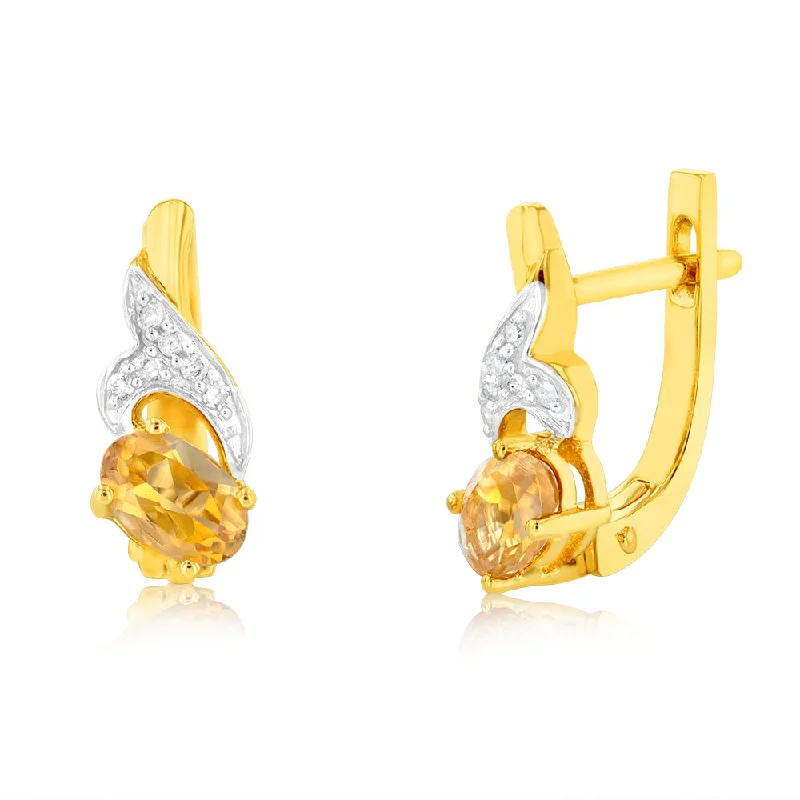 handcrafted pearl earrings for women -9ct Yellow Gold Citrine And Diamond Fancy Hoop Earrings