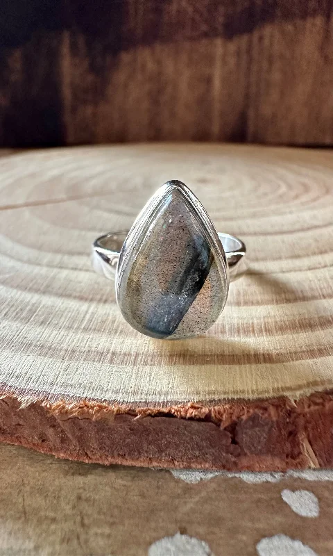 minimalist gold rings for women -SPACED OUT TEARDROP LABRADORITE Sterling Silver Ring • Size 8