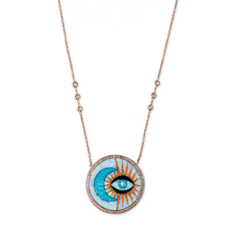 celestial necklaces for women -PAVE TURQUOISE MOON + OPAL EYE BURST INLAY NECKLACE