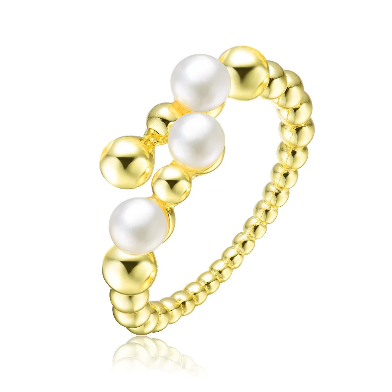 delicate rings for women -Delphine Three Pearl Golden Spheres Stack Ring