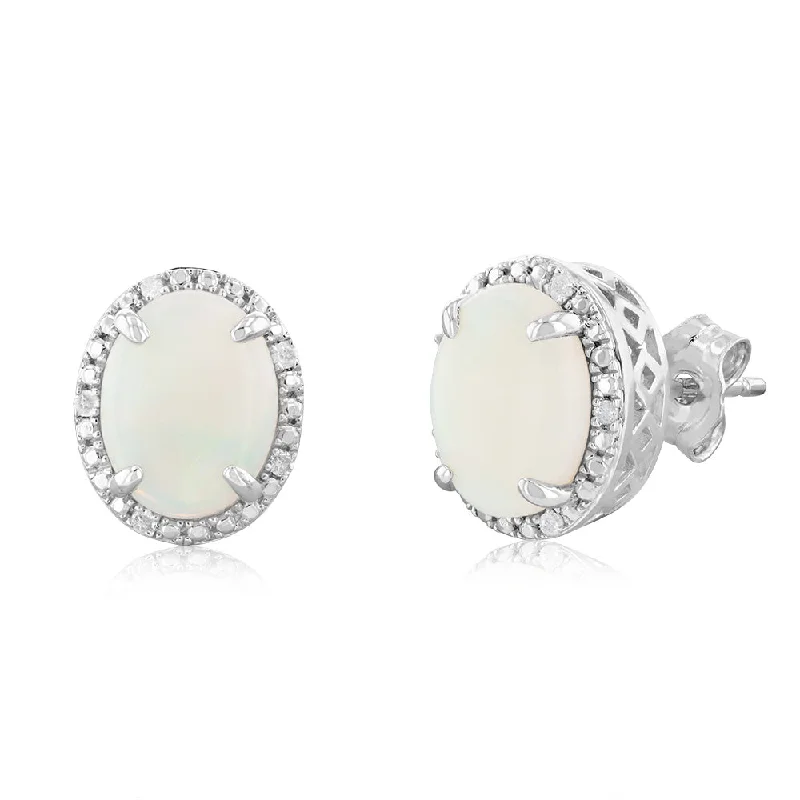 minimalist gold earrings for women -Opal & 5 Points Diamond Stud Earrings in Sterling Silver