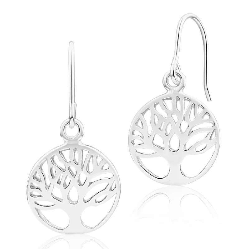 ethnic earrings for women -Sterling Silver Tree of Life Round Drop Earrings