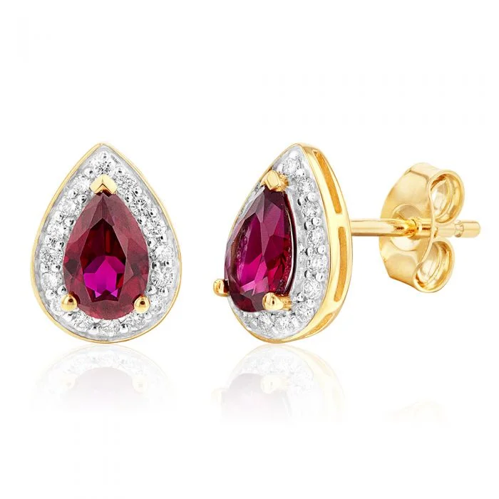 textured earrings for women -9ct Yellow Gold Created Ruby and Diamond Pear Halo Stud Earrings