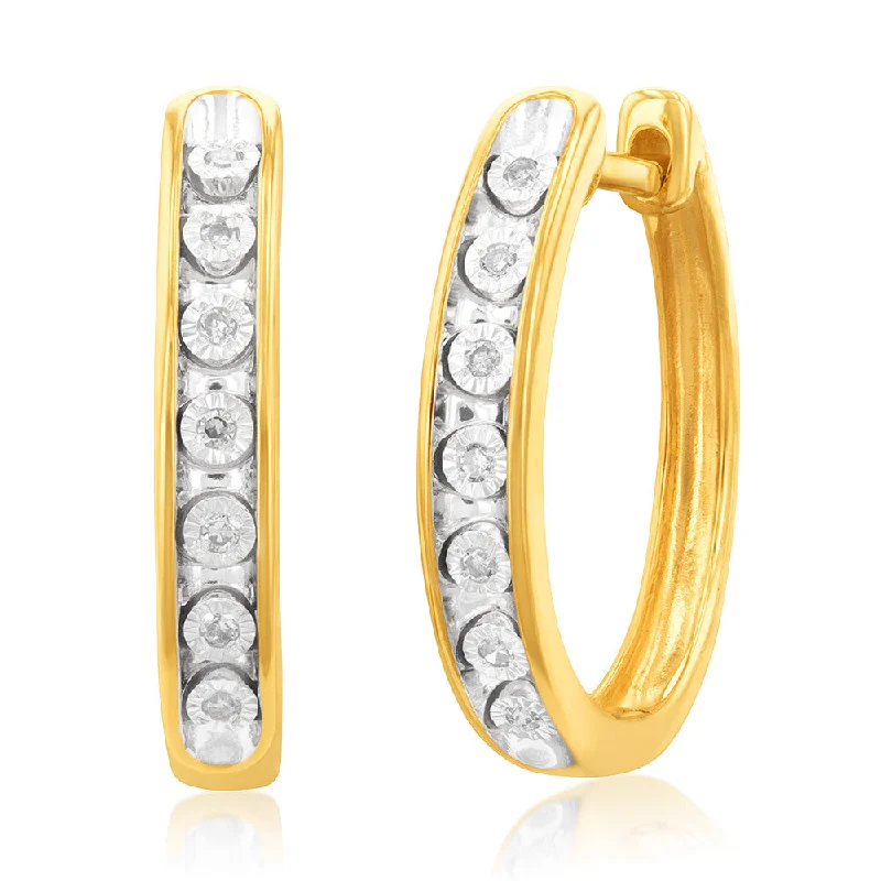 vintage-inspired earrings for women -9ct Yellow Gold Diamond Hoop Earrings with 14 Brilliant Cut Diamonds