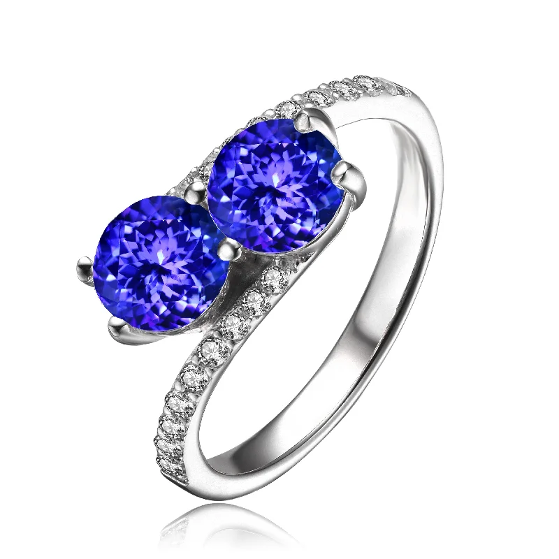 moon and star rings for women -Sterling Silver with Rhodium Plated With Two Tanzanite Blue Round Cubic Zirconias Partial Pave Twisted Style Ring