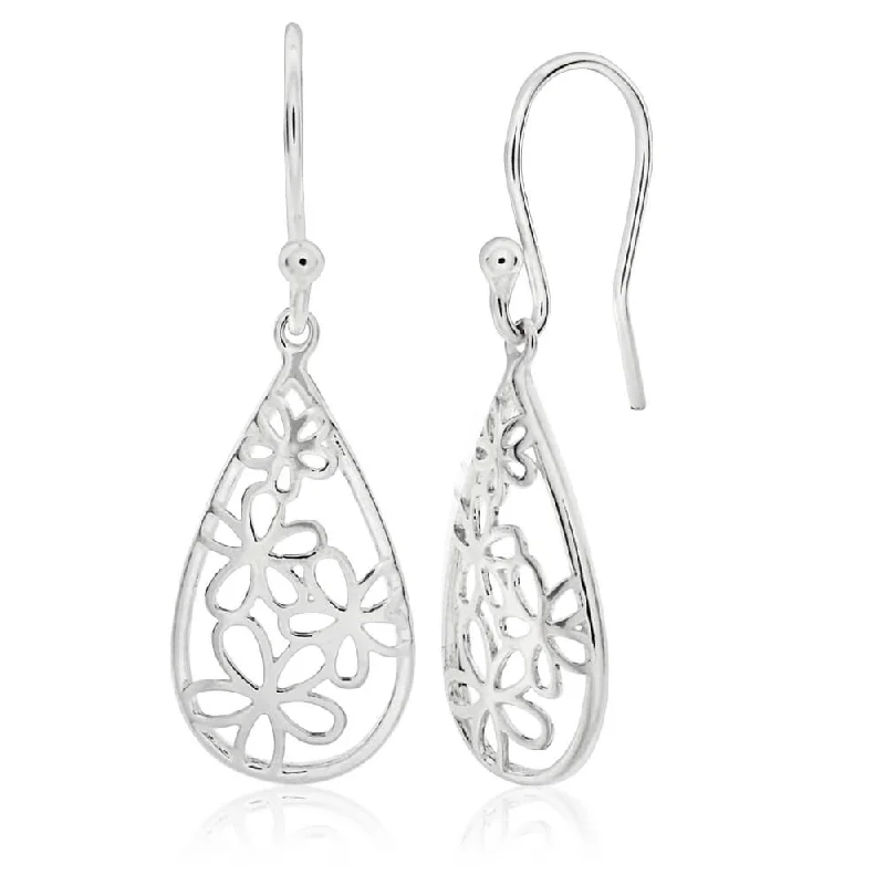 pearl earrings for women -Sterling Silver Fancy Flower Drop Earrings