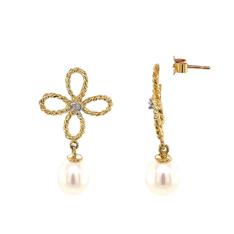 screw back earrings for women -14K Gold Pearl and Diamond Drop Earrings