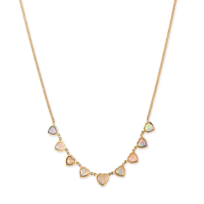 gemstone necklaces for women -9 GRADUATED OPAL BEZEL HEART CURB CHAIN NECKLACE