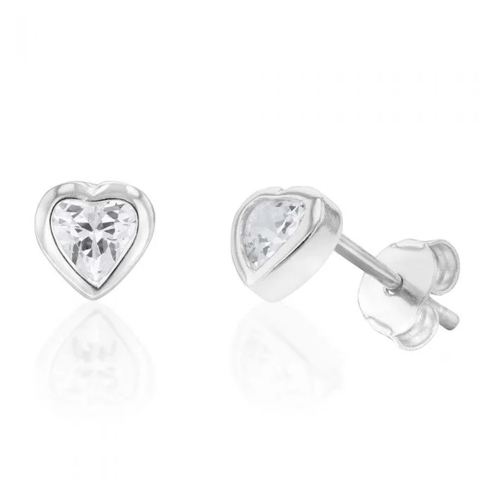 birthstone earrings for women -Sterling Silver Cubic Zirconia Heart Stud Earrings