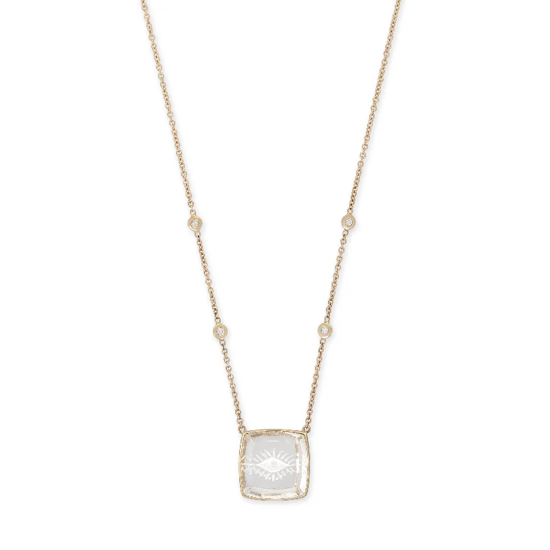 diamond solitaire necklaces for women -CARVED EYE BURST CLEAR QUARTZ SQUARE NECKLACE