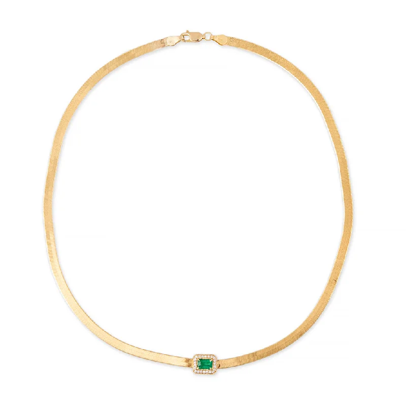 bow necklaces for women -PAVE EMERALD BAGUETTE HERRINGBONE NECKLACE