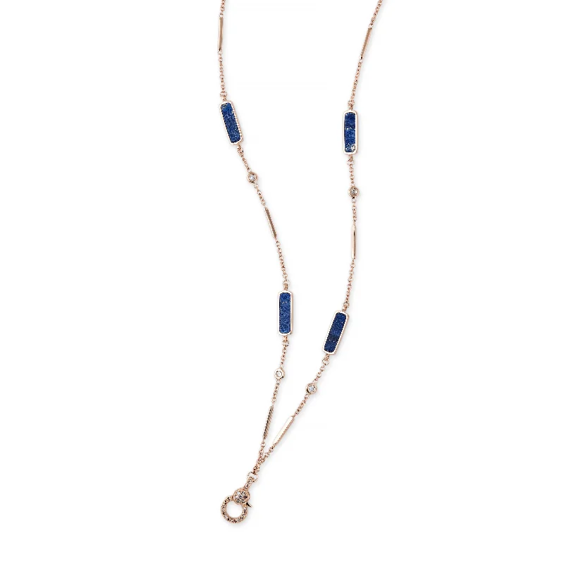 tiny gold necklaces for women -PAVE CHARM CLIP 4 LAPIS INLAY DIAMOND SMOOTH BAR NECKLACE