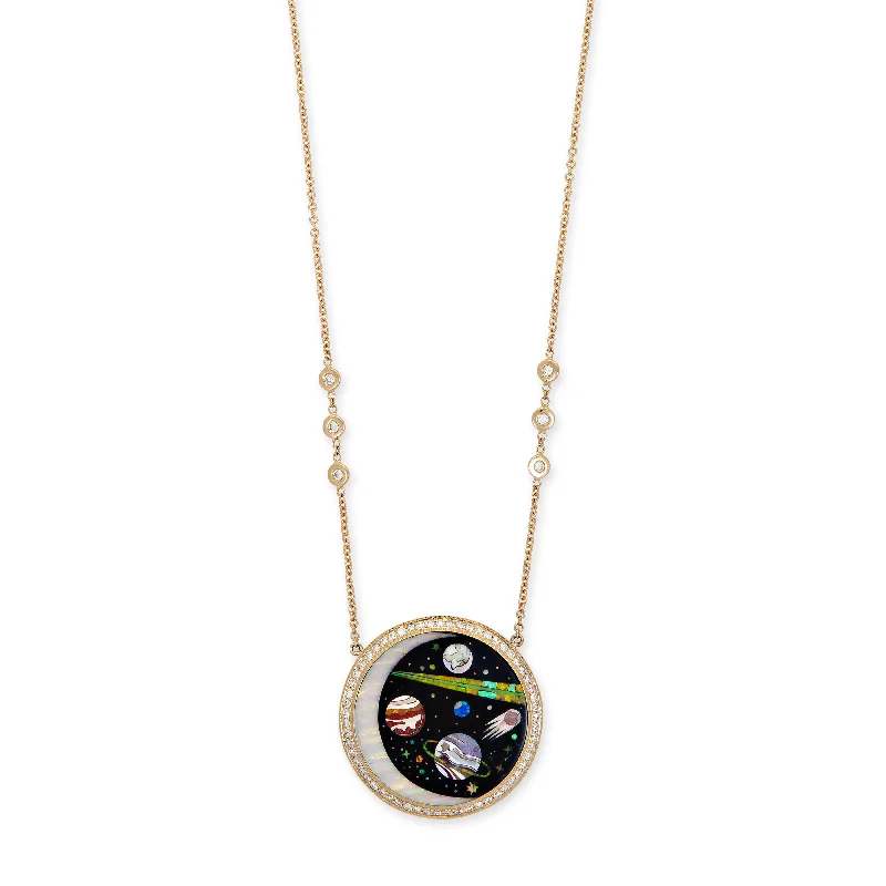 round pendant necklaces for women -PAVE ROUND ONYX + OPAL CRESCENT GALAXY PLANET INLAY NECKLACE