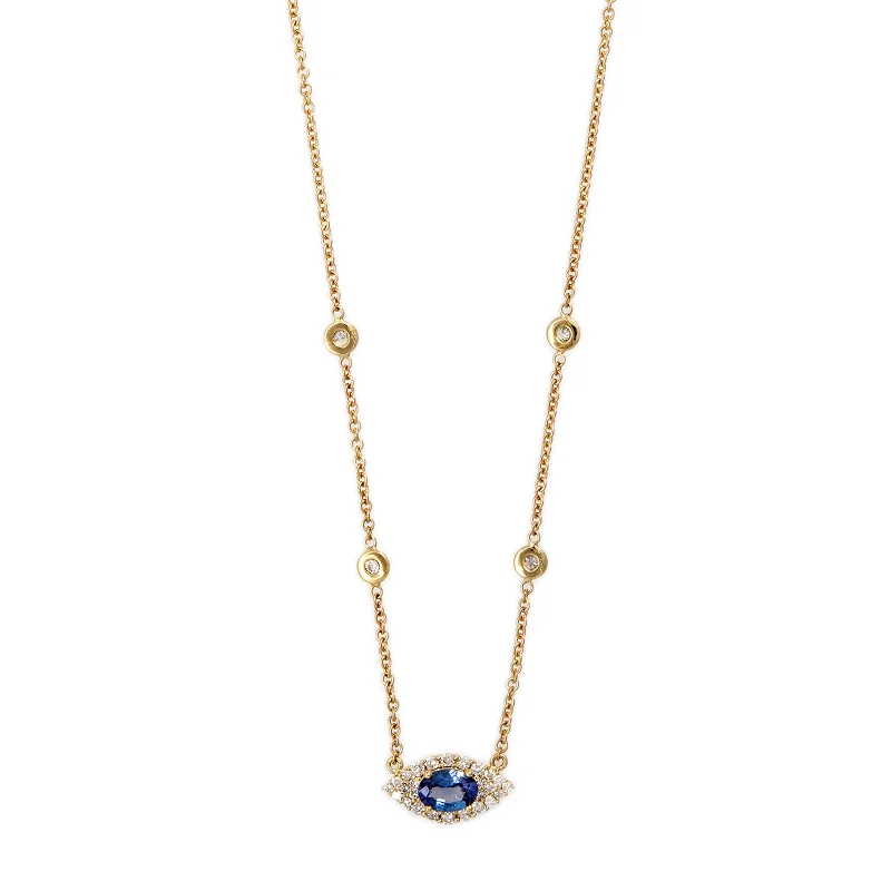 bolo necklaces for women -SMALL PAVE TANZANITE OVAL CENTER EYE DIAMOND NECKLACE