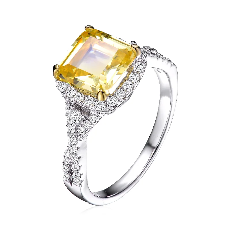 cz rings for women -Sterling Silver with Rhodium Plated Yellow Cushion Cubic Zirconia with Clear Round Cubic Zirconias Accent Twisted Ring