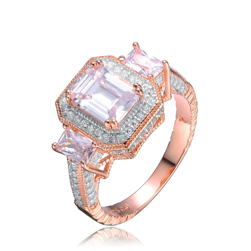 emerald rings for women -Rose Gold Plated 3-Stone Clear Cubic Zirconia Size 7 Ring