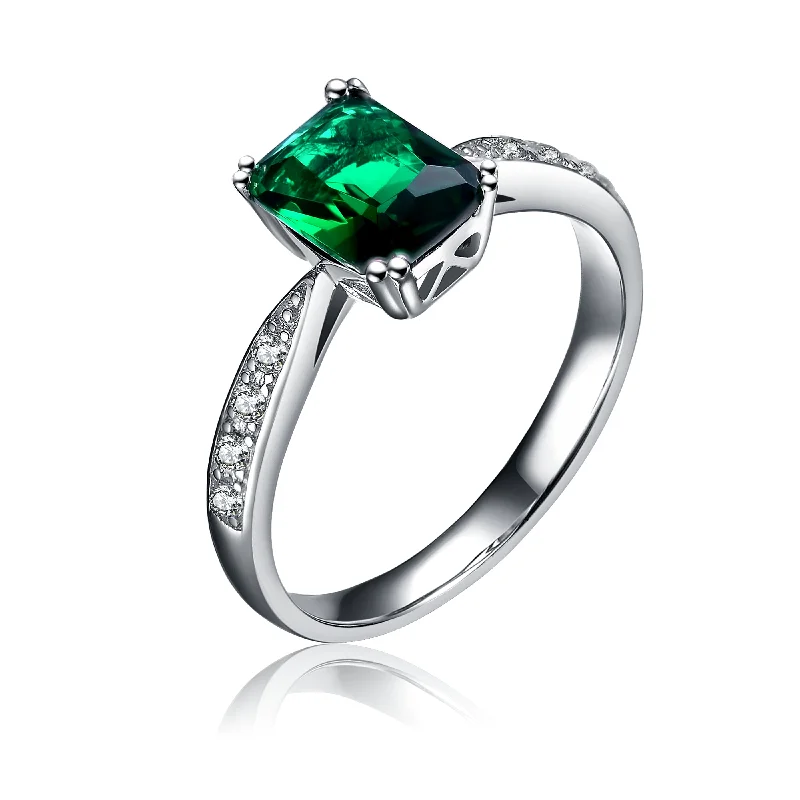 ruby rings for women -Sterling Silver White Gold Plated Emerald Cubic Zirconia Eternity Rectangle Band Ring