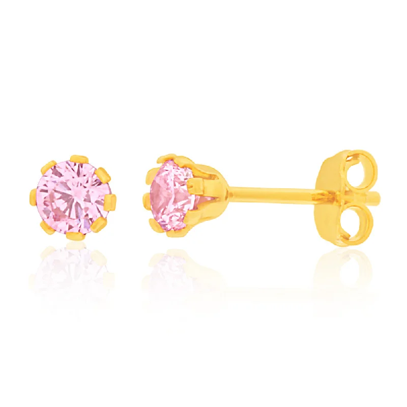 bold statement earrings for women -9ct Yellow Gold Silver Filled Pink Cubic Zirconia Stud Earrings