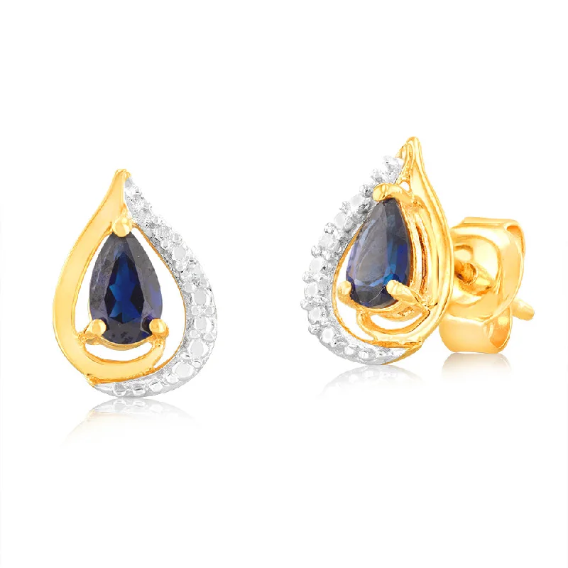 cluster earrings for women -9ct Yellow Gold Created Sapphire 5x3mm & Diamond Stud Earrings