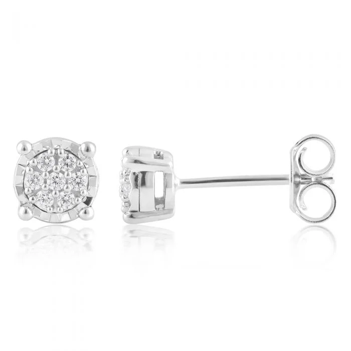 statement earrings for women -Diamond Stud Earrings set with 14 Brilliant Diamonds in Sterling Silver