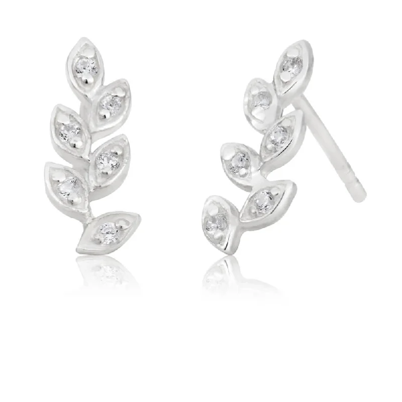 rose gold earrings for women -Sterling Silver Cubic Zirconia Leaf Branch Stud Earrings